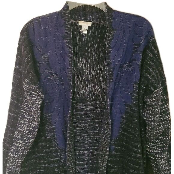 CHICO'S Cardigan Sweater Womens 2 (L) Duster Open Front Long Sleeve Blue Black - Picture 2 of 14